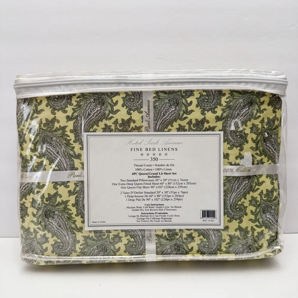 Park Avenue Yellow Green Ornate Paisley Queen Sheet Set 100% Cotton NEW L